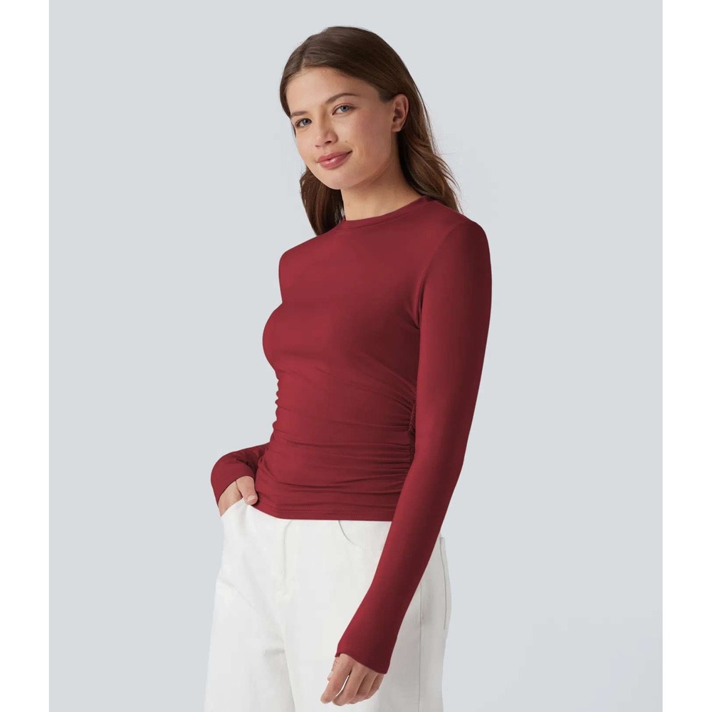 Halara Womens Small Burgundy Red Ruched Long Sleeve Mock Neck Crop Top NEW‎